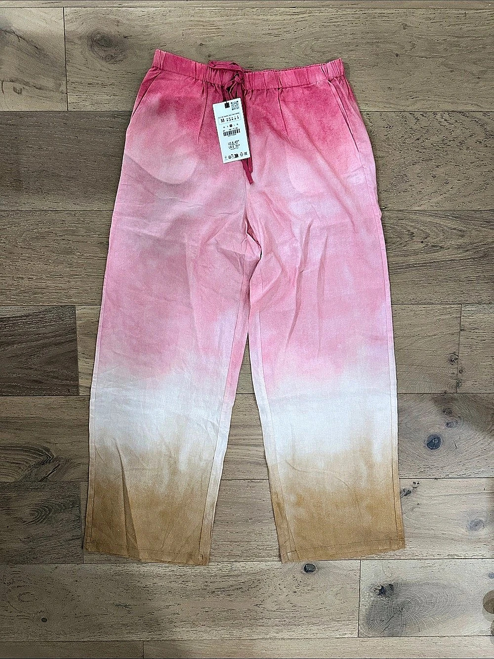 Zara Tie Dye Linen Blend Wide Leg Pants Pink & White Medium